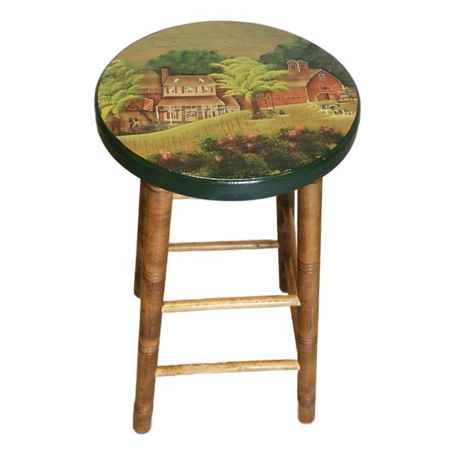 1994 Signed American Folk Art Hand-Painted Farm Scene Wood Counter Stool For Sale