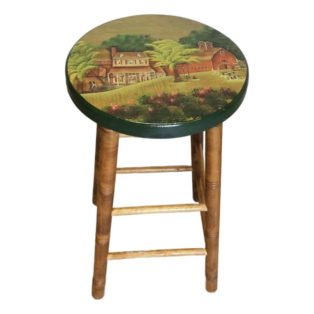American Folk Art Farm Scene Hand-Painted Wood Stool, 1994 Signed For Sale
