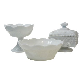 Mid-Century Milk Glass "Harvest Grape" Console Set - 3 Pieces For Sale