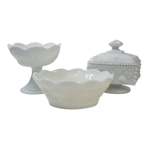 Mid-Century Milk Glass "Harvest Grape" Console Set - 3 Pieces