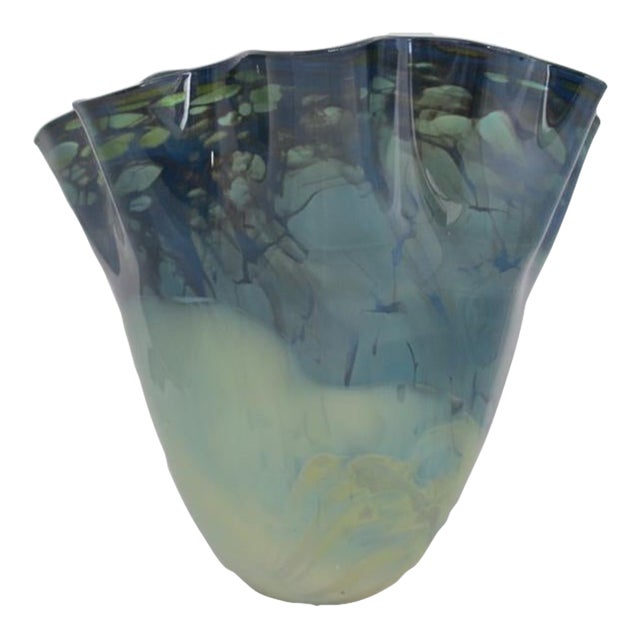 Tim Chilina Oregon Hand Blown Mottled Blue Green Ruffled Studio Art Glass Vase For Sale