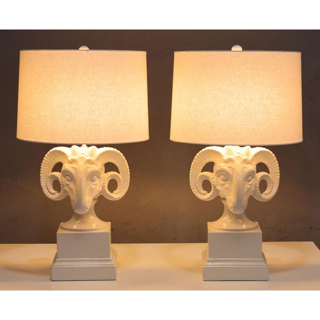 1960s Chapman White Ceramic Ram Head Lamps - a Pair For Sale In Dallas - Image 6 of 9