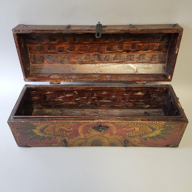 Tibetan Manuscript Box— Hand-Painted, With Red Lacquer & Iron Straps— Mid-20th Century For Sale - Image 4 of 8