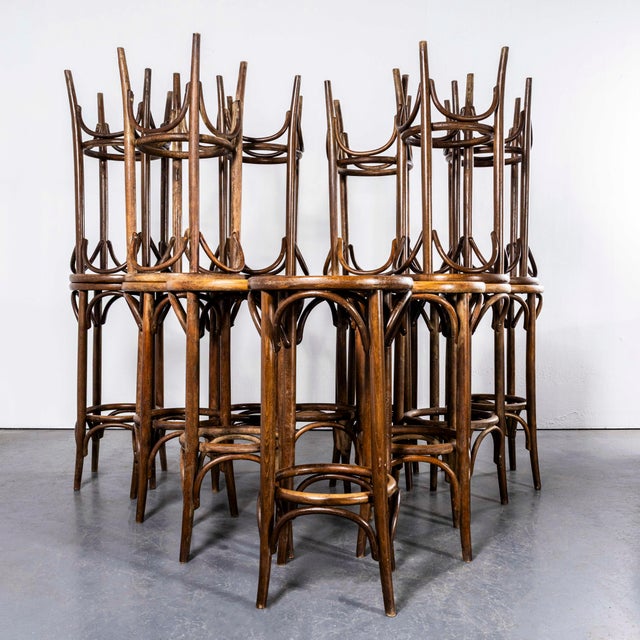 Large Vintage French Flat Seat Bentwood Bar Stool, Set of 4 For Sale - Image 3 of 11