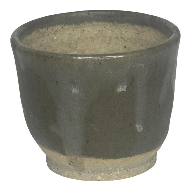 1986 Signed Studio Pottery Cup, Ash Glaze With Cobalt Blue Mark For Sale