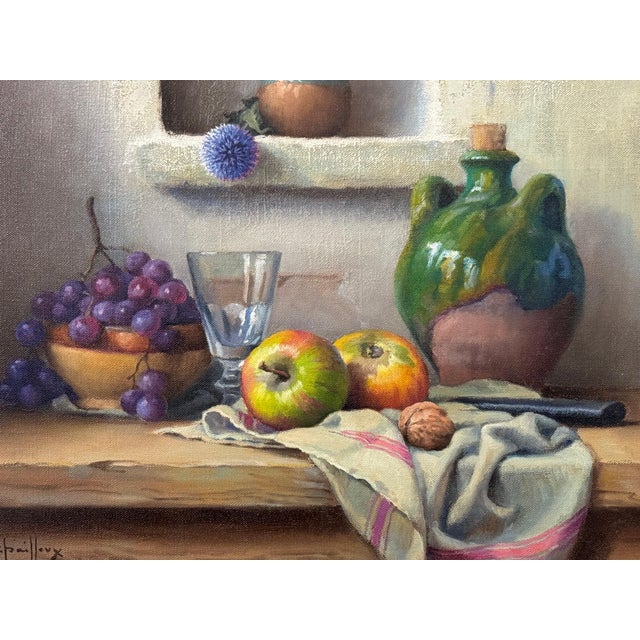 Still Life with Flowers & Fruit in a French Farmhouse Interior by French Artist 1992 Circa For Sale - Image 9 of 13