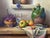 Still Life with Flowers & Fruit in a French Farmhouse Interior by French Artist 1992 Circa For Sale - Image 9 of 13