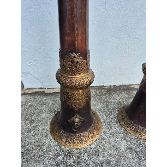 Pair of Antique Tibetan Ceremonial Horns or Dungchens For Sale - Image 4 of 6