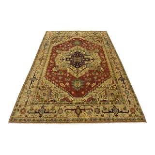 Serapi Rug 9'1'' X 12'2'' Red Wool Tribal Hand-Knotted Oriental Carpet For Sale