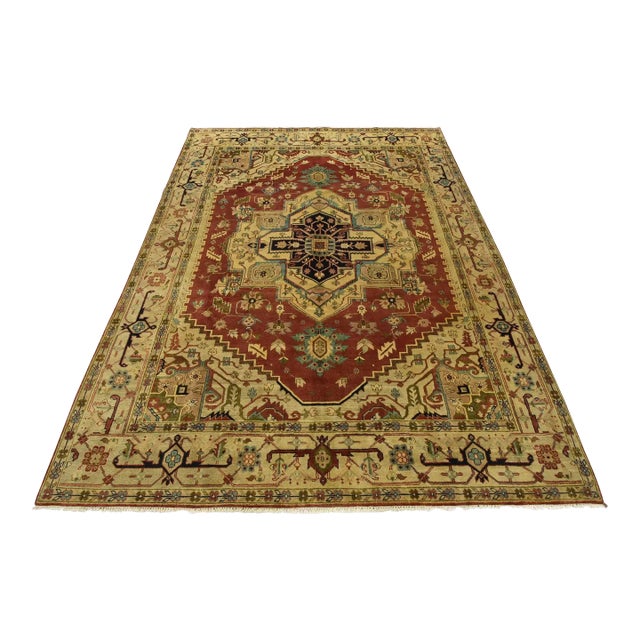 Serapi Rug 9'1'' X 12'2'' Red Wool Tribal Hand-Knotted Oriental Carpet For Sale