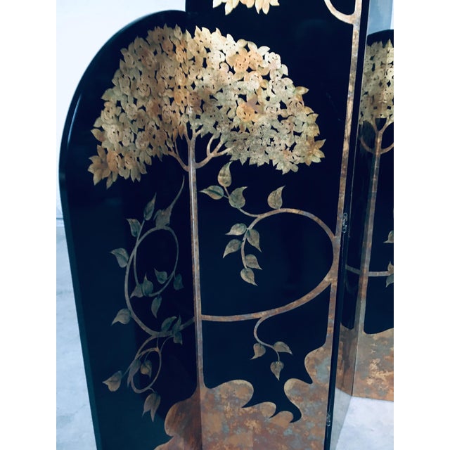 Vintage Art Deco Revival Asian Style Black & Gold Leaf 4 Panel Free Standing Screen Room Divider. Made in the 1980's...