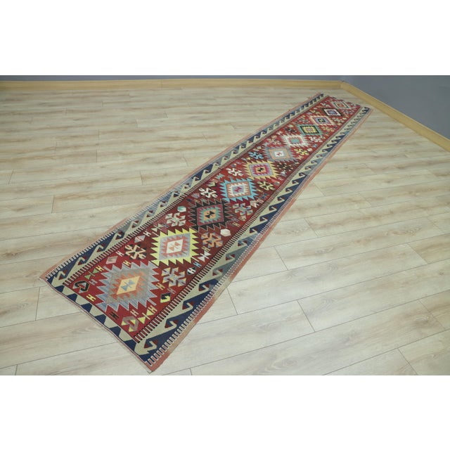 Rustic 1970s Southwestern Style Hand Knotted Red Oushak Kilim Runner Rug 2.6 X 13.4 Ft For Sale - Image 3 of 8