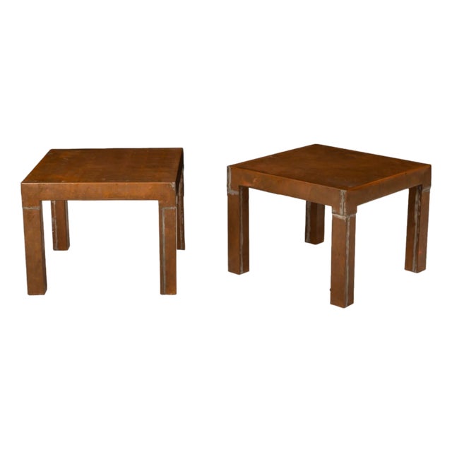 1970s Parsons Style Square Copper Cladded Low Side Accent Tables - A Pair For Sale