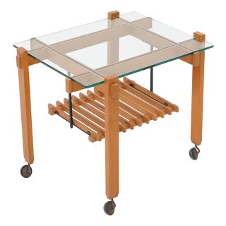 Wooden and Glass Coffee Table with Wheels, 1960s For Sale