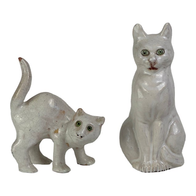 Pair of Vintage French White Tin Glazed Terracotta Cat Figurines With Green Glass Eyes For Sale