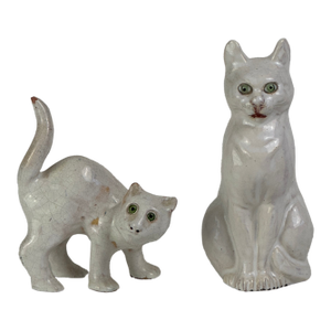 Pair of Vintage French White Tin Glazed Terracotta Cat Figurines With Green Glass Eyes