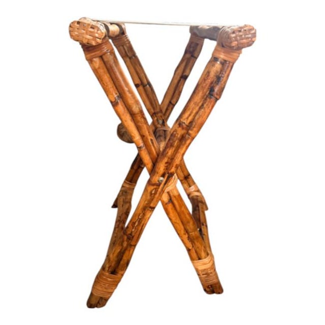 Early 21st Century Vintage Bamboo Folding Luggage Rack With Blue & White Greek Key Straps For Sale - Image 5 of 5