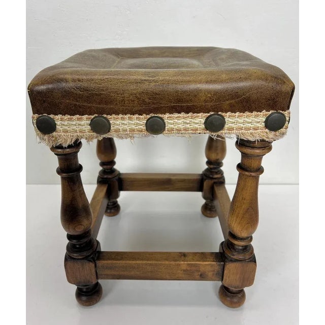 Wood Mid-Century Oak and Leather Stool in Spanish Style, 1970s For Sale - Image 7 of 12