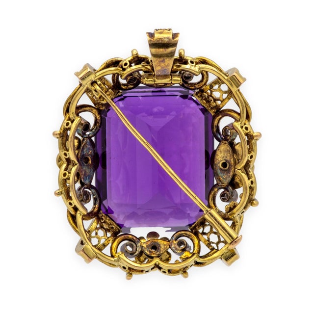 Retro 14k Yellow Gold Large Amethyst & Diamond Pendant Brooch c.1940s For Sale - Image 4 of 8