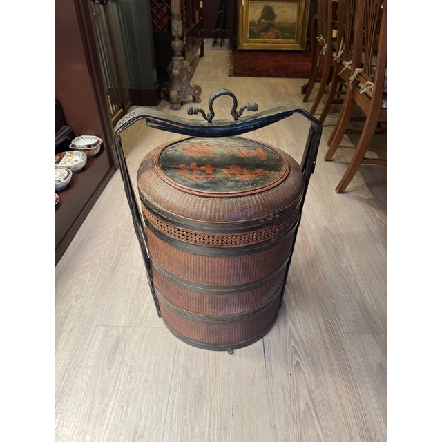 Pair of Antique Chinese Wedding Nesting Baskets in Wicker & Bamboo With Iron Handles For Sale - Image 4 of 5