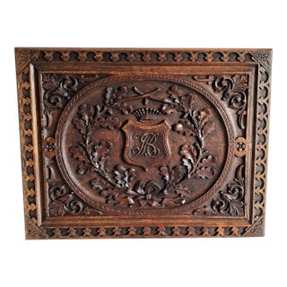 Flemish Neo-Renaissance Style Carved Oak Architectural Panel With Crowned Heraldic Monogram, 19th Century For Sale