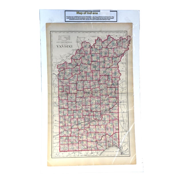 1870s g.w. Gray & Son Colour Map of Indiana (32 X 20")" For Sale