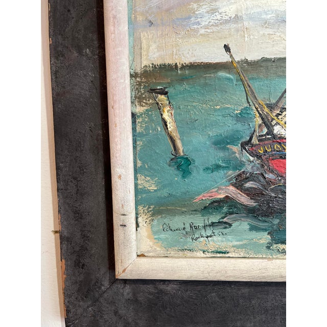 1950s Mid Century Acrylic on Board Painting of a Boat at Sea For Sale - Image 10 of 12