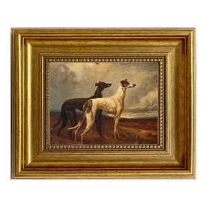 "Greyhounds in Field" Print on Canvas in Antiqued Gold Frame- 5" X 6" Framed to a 8-1/2" X 9-1/2"