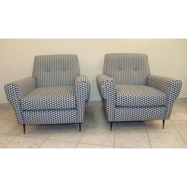 Mid-Century Modern Italian Chairs with Optical Fabric and Brass Details, 1950s, Set of 2, in Restored conditions. Designed...