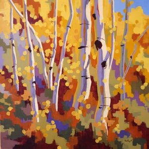 Ignite by Hadley Rampton | Oil on Canvas Abstract depiction of trees with autumn foliage.