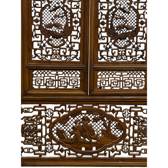 Auburn Chinese Cow Ox Cranes Motifs Wood Wall Panel Window Screen For Sale - Image 8 of 14