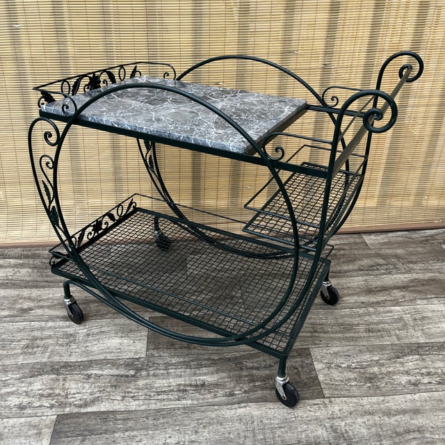 Hollywood Regency Mid Century Wrought Iron Marble Top Patio Serving Cart in the Salterini Style. Circa 1960s For Sale - Image 3 of 17