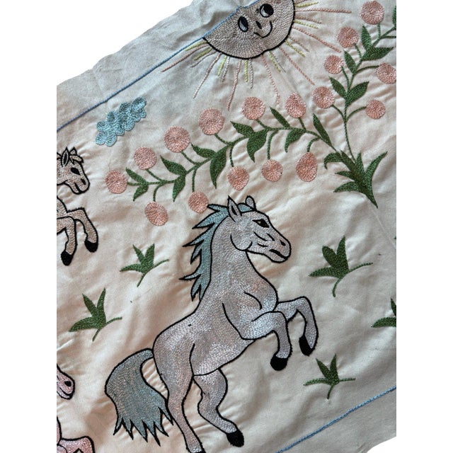 1960s Pastel Horse Suzani Wall Hanging, Sun Face For Sale - Image 5 of 6