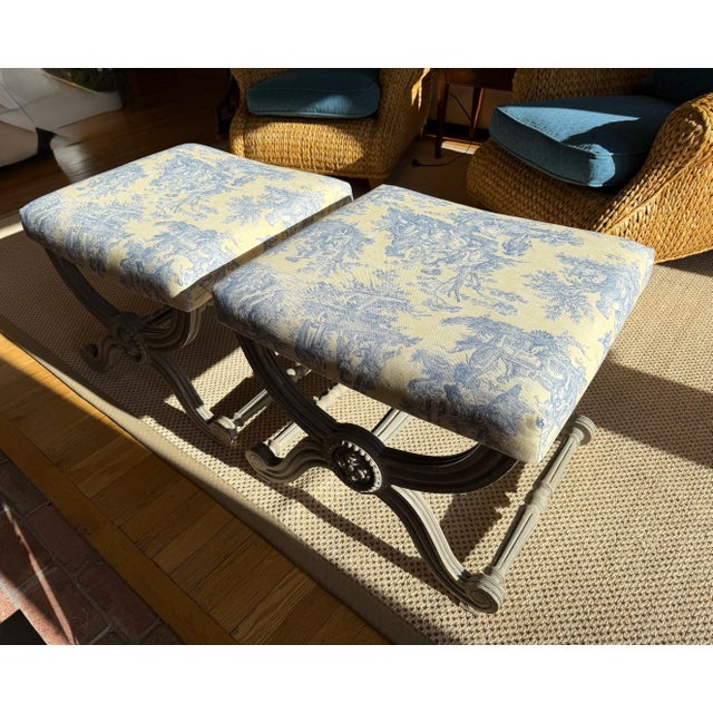 A Pair of Painted Campaign Style X-Base Ottomans Footstools in Butter Yellow and Blue Toile For Sale In New York - Image 6 of 17