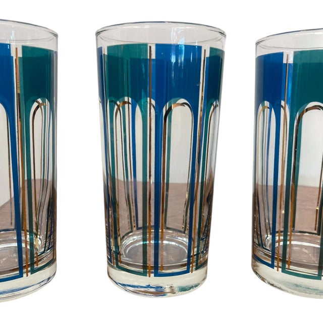 Vintage Mid-Century Modern Blue Geometric Highball Glasses - Set of 5 For Sale In Seattle - Image 6 of 10