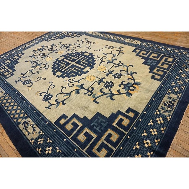 Ivory 1880s Antique Blue Classic Greek Key Medallion Architectural Chinese Peking Rug For Sale - Image 8 of 9