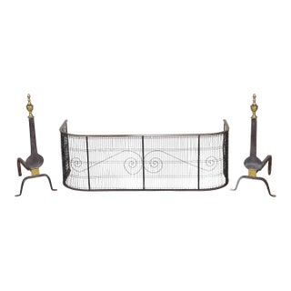 Antique Federal Brass and Iron Fireplace Andirons and Fire Screen—Three Piece Set For Sale