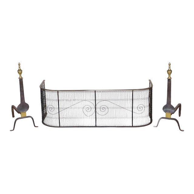Antique Federal Brass and Iron Fireplace Andirons and Fire Screen—Three Piece Set For Sale