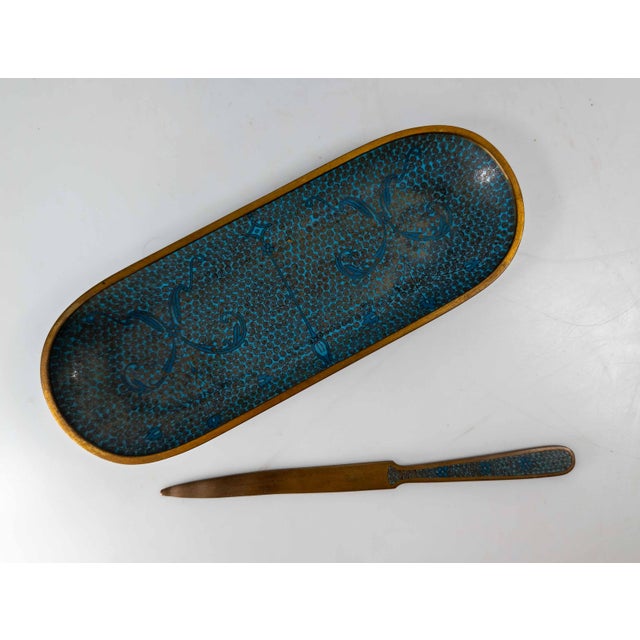 20th Century Chinese Turquoise Teal Cloisonne Enamel Desk Set For Sale - Image 13 of 15