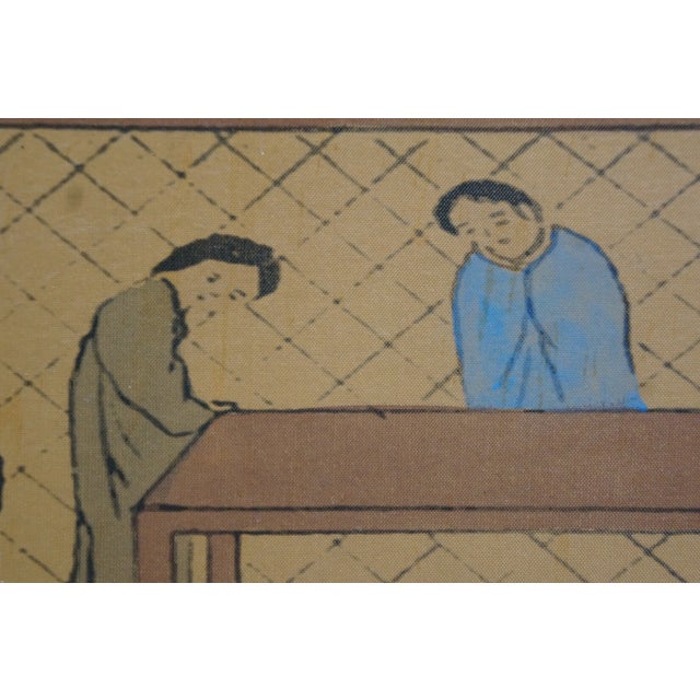Chinese Painted Silk 4 Panel Folding Screen Dynasty Courtyard Black Lacquer 72" For Sale - Image 15 of 18