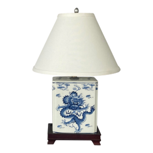 1930s Blue and White Porcelain Chinese Table Lamp, With Dragon, on Wooden Base
