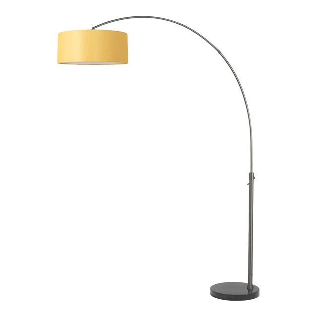 1960s 92" Nova of California Mid Century Float Floor Lamps - Modern Arc Lamp, Black Nickel, Mustard Linen Shade, Black Marble Base For Sale