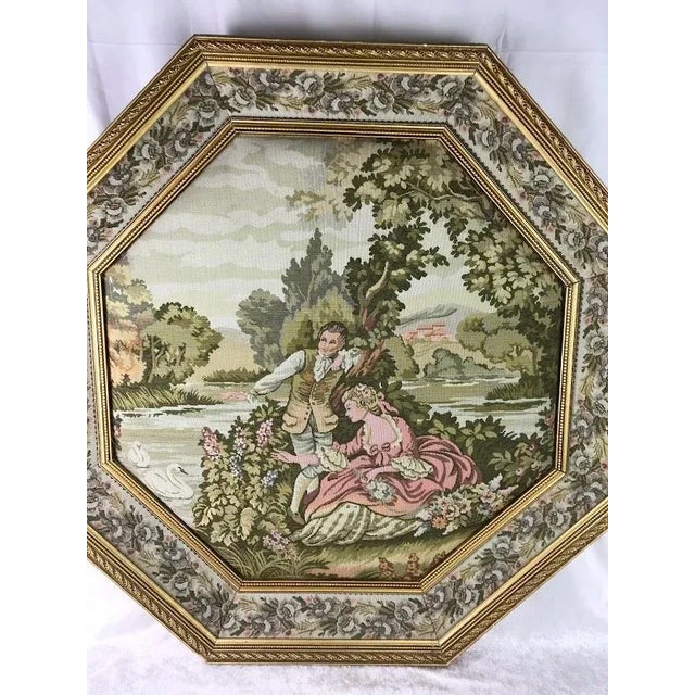 Early 19th Century Early 19th Century French Provincial Romantic Couple / Love Tapestry Wall Art in Dimensional Golden Octagon Frame For Sale - Image 5 of 12
