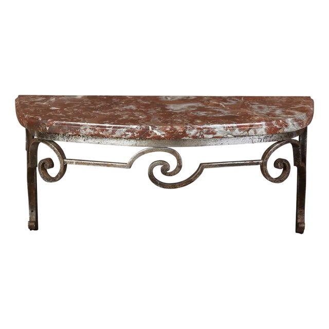 Mid 20th Century Demi Lune Rouge Marble Top Wall Mount Console With Scroll Metal Base For Sale
