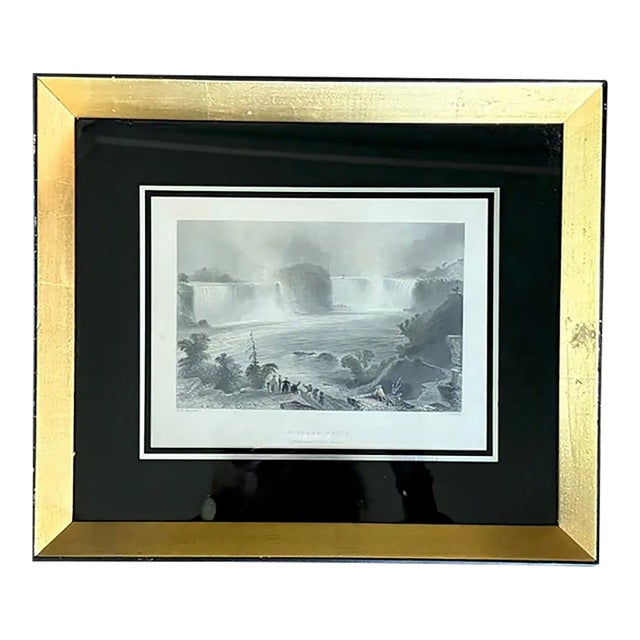 1840 Steel Engraving Titled Niagara Falls Near Clifton House in an Antique Gilt and Black Glass Frame For Sale