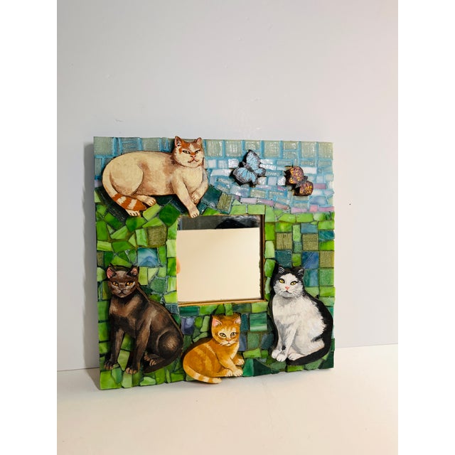 1990s Vintage Original Mosaic Painted Cat Mirror For Sale - Image 5 of 9