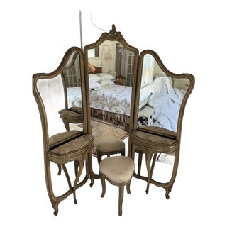 French Louis XV Style Giltwood Triptych Dressing Mirror Vanity With Marble Consoles and Matching Stool For Sale