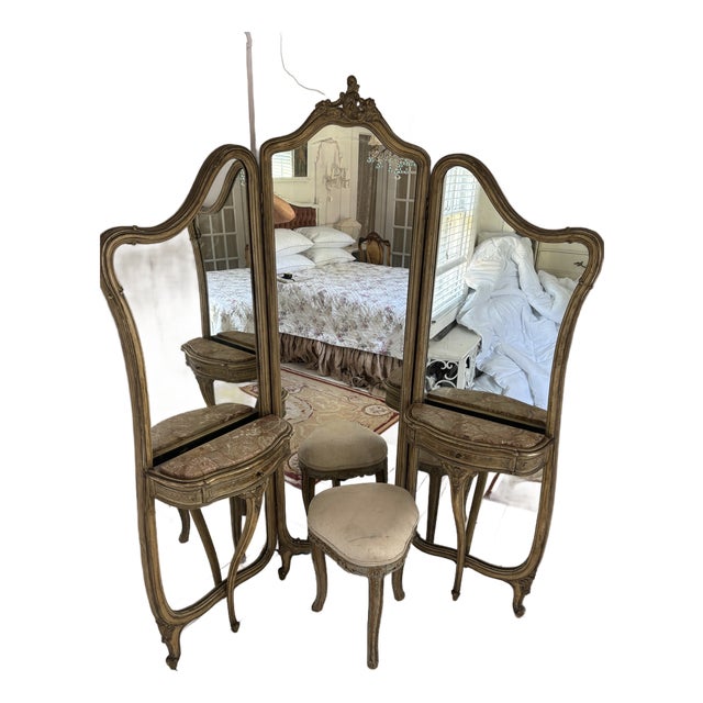 French Louis XV Style Giltwood Triptych Dressing Mirror Vanity With Marble Consoles and Matching Stool For Sale