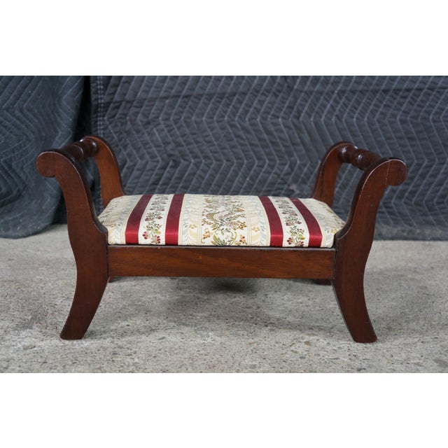 Early 20th Century Antique 20th C. Regency Style Mahogany Footstool Striped Floral Brocade Seat For Sale - Image 5 of 15