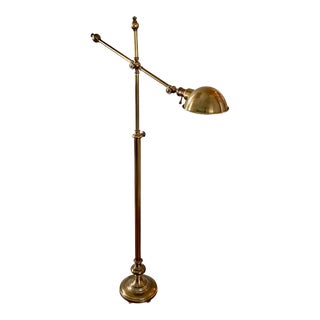 Chapman Style Boom Arm Pharmacy Floor Lamp in Antique Brass For Sale